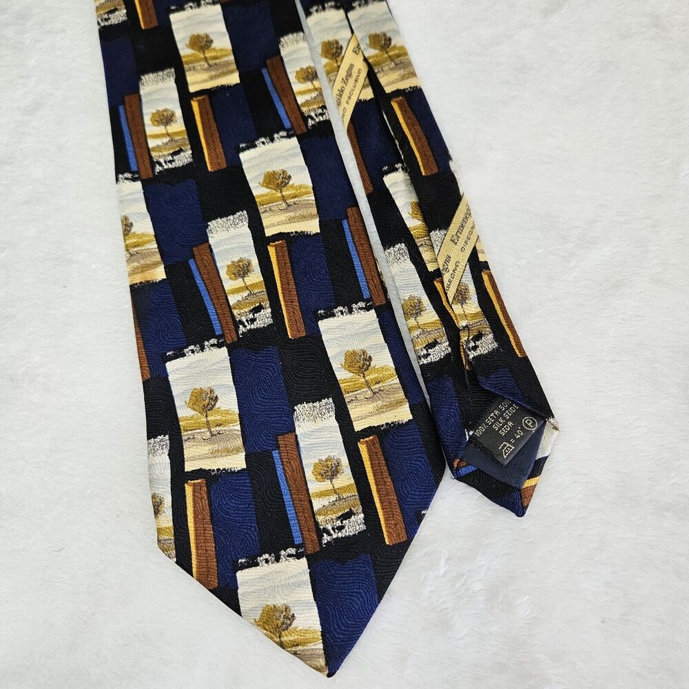 Ermenegildo Zegna Disegno Esclusivo Tree Nature Print Blue 100% Silk Tie Italy